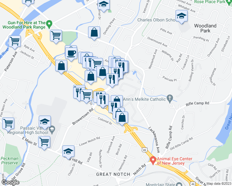 map of restaurants, bars, coffee shops, grocery stores, and more near 27 Cedarwood Terrace in Woodland Park