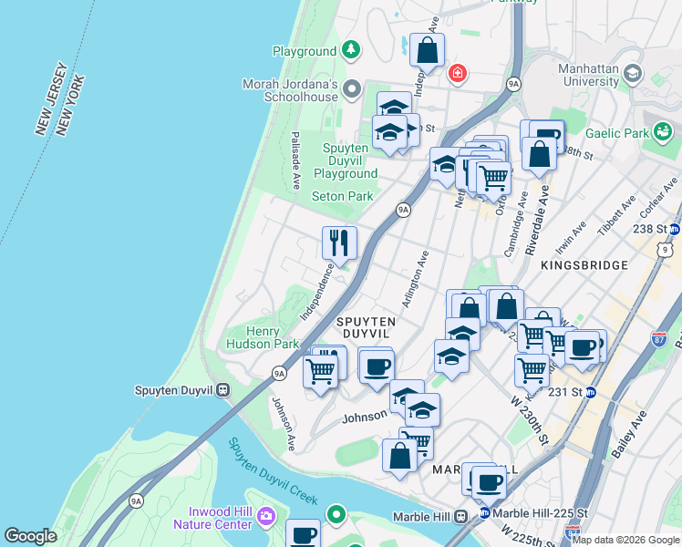 map of restaurants, bars, coffee shops, grocery stores, and more near 3001 Henry Hudson Parkway West in The Bronx