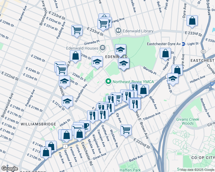 map of restaurants, bars, coffee shops, grocery stores, and more near 1250 East 229th Street in The Bronx
