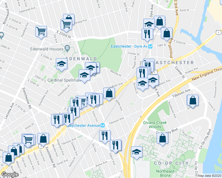 map of restaurants, bars, coffee shops, grocery stores, and more near 3525 Palmer Avenue in Bronx