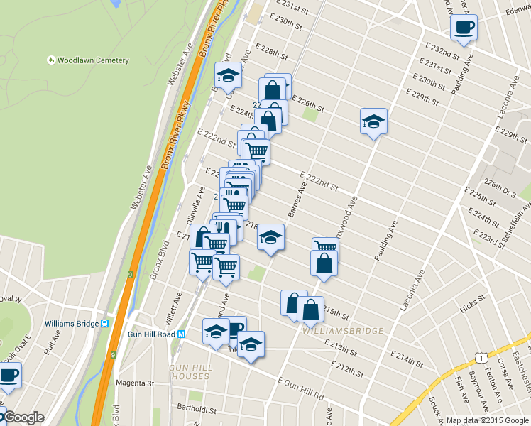map of restaurants, bars, coffee shops, grocery stores, and more near 743 East 218th Street in Bronx