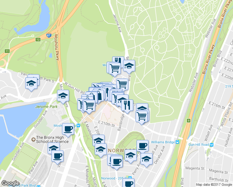 map of restaurants, bars, coffee shops, grocery stores, and more near 3525 Rochambeau Avenue in Bronx