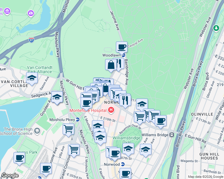 map of restaurants, bars, coffee shops, grocery stores, and more near 3525 Rochambeau Avenue in Bronx