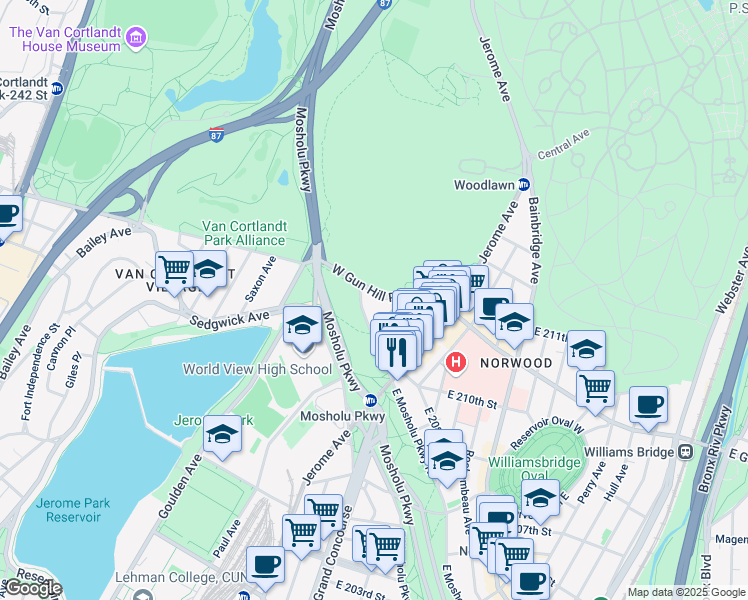 map of restaurants, bars, coffee shops, grocery stores, and more near in The Bronx
