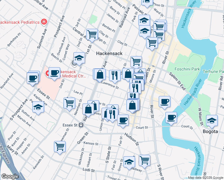 map of restaurants, bars, coffee shops, grocery stores, and more near 129 Union Street in Hackensack