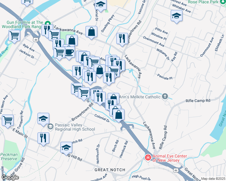 map of restaurants, bars, coffee shops, grocery stores, and more near 27 Cedarwood Terrace in Woodland Park