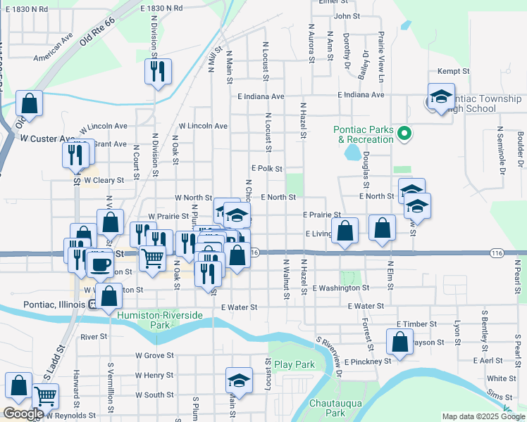 map of restaurants, bars, coffee shops, grocery stores, and more near 520 North Locust Street in Pontiac