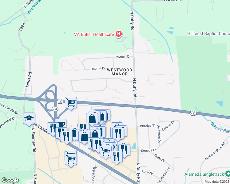 map of restaurants, bars, coffee shops, grocery stores, and more near 108 Easy Street in Butler