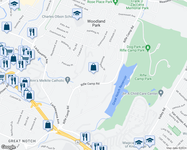 map of restaurants, bars, coffee shops, grocery stores, and more near 726 Rifle Camp Road in Woodland Park