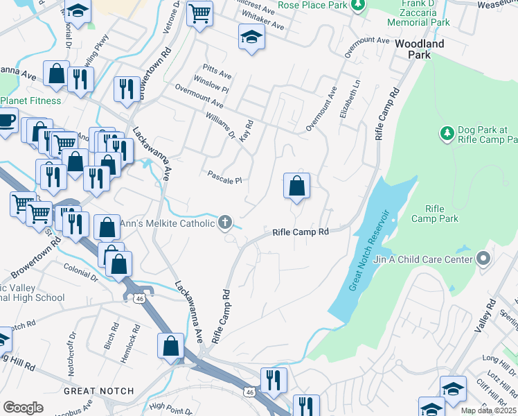 map of restaurants, bars, coffee shops, grocery stores, and more near 756 Rifle Camp Road in Woodland Park