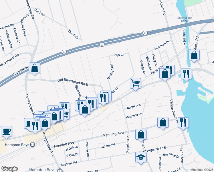 map of restaurants, bars, coffee shops, grocery stores, and more near 2 Stuart Court in Hampton Bays
