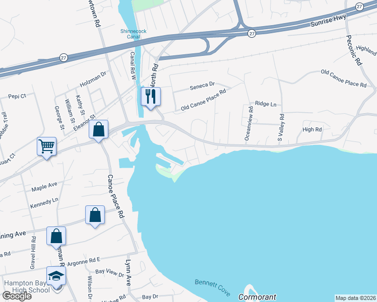 map of restaurants, bars, coffee shops, grocery stores, and more near 1 Mohawk Road in Hampton Bays