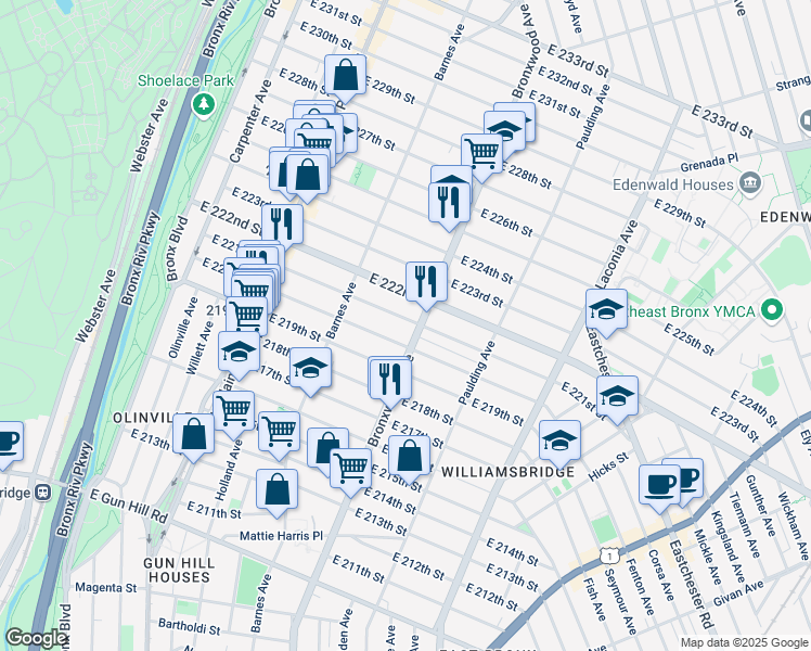map of restaurants, bars, coffee shops, grocery stores, and more near in The Bronx