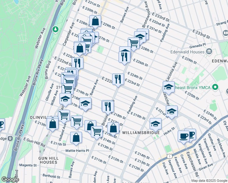 map of restaurants, bars, coffee shops, grocery stores, and more near in The Bronx