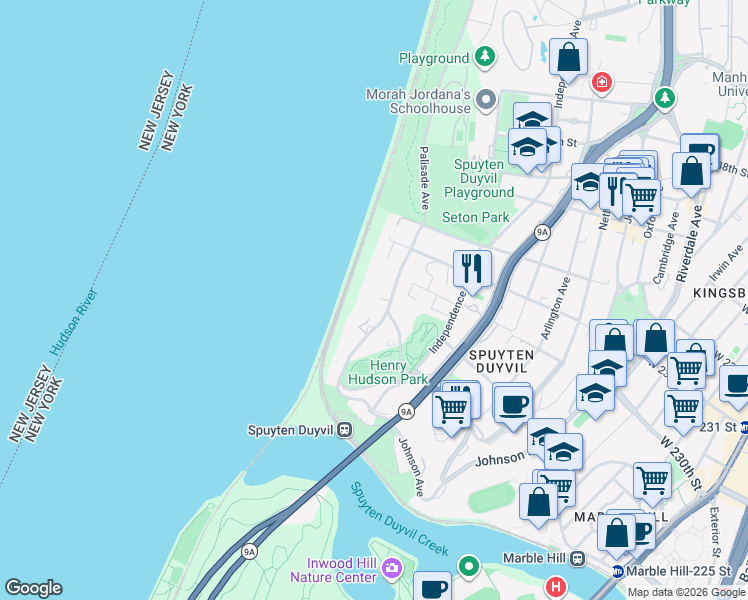 map of restaurants, bars, coffee shops, grocery stores, and more near 2621 Palisade Avenue in Bronx
