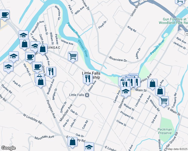 map of restaurants, bars, coffee shops, grocery stores, and more near 260 Main Street in Little Falls