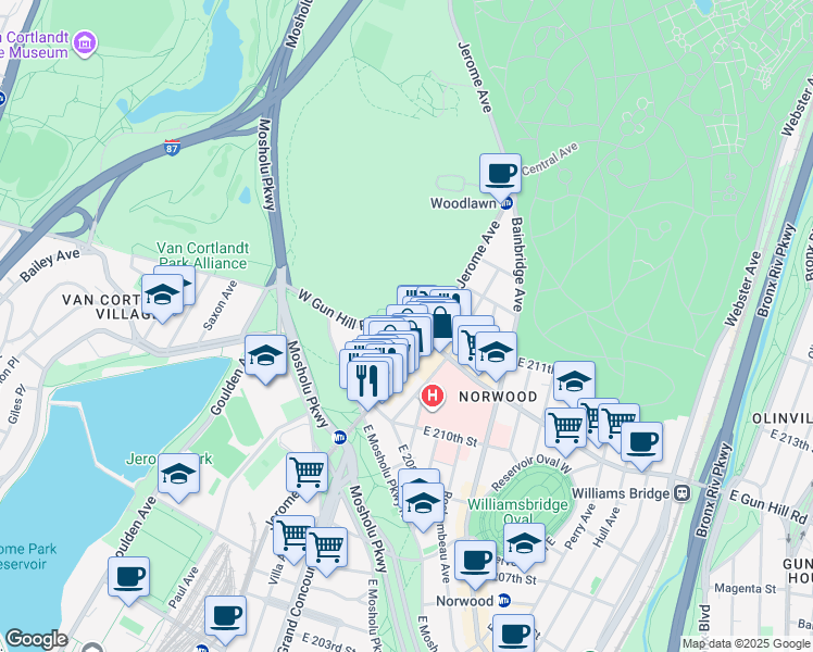 map of restaurants, bars, coffee shops, grocery stores, and more near W Gun Hill Rd & Knox Pl in Bronx
