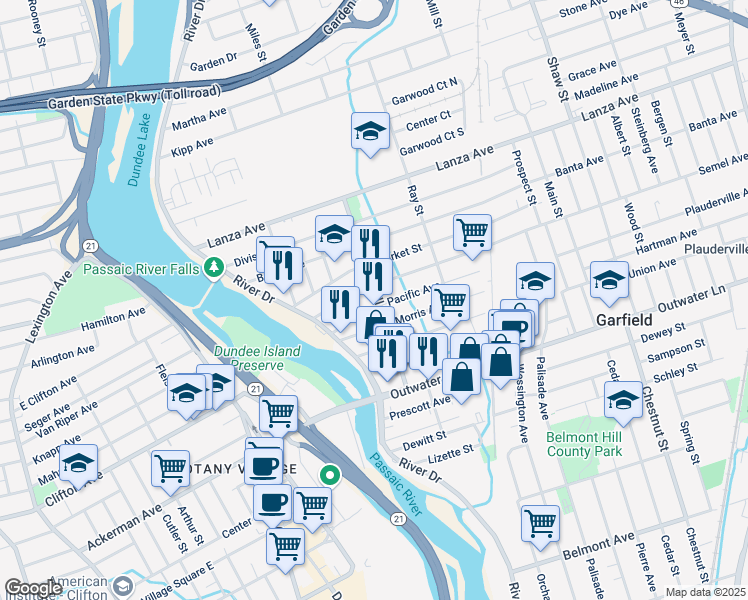 map of restaurants, bars, coffee shops, grocery stores, and more near 65 Jewell Street in Garfield