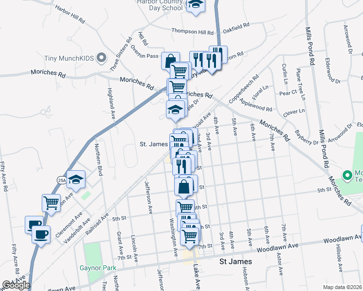 map of restaurants, bars, coffee shops, grocery stores, and more near 476 Lake Avenue in Saint James