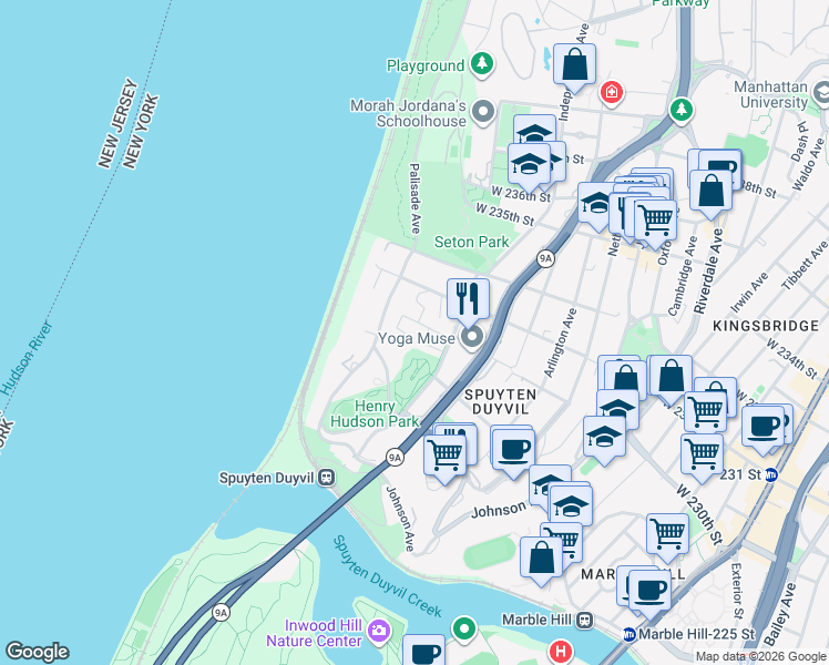 map of restaurants, bars, coffee shops, grocery stores, and more near 2975 Independence Avenue in The Bronx