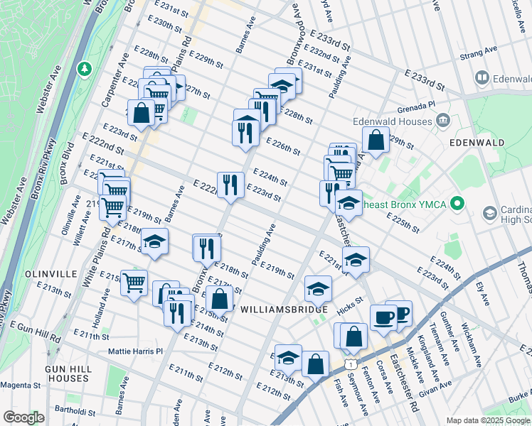 map of restaurants, bars, coffee shops, grocery stores, and more near in The Bronx