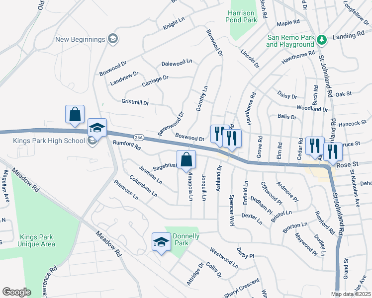 map of restaurants, bars, coffee shops, grocery stores, and more near 102 Rumford Road in Kings Park