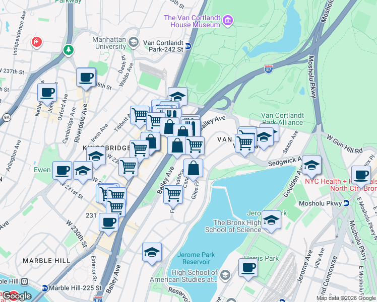 map of restaurants, bars, coffee shops, grocery stores, and more near 114 West 238th Street in Bronx