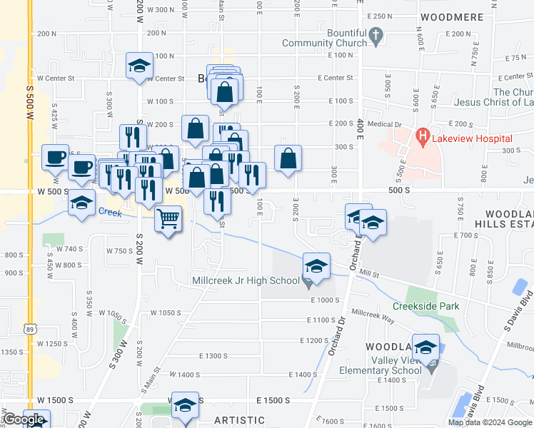 map of restaurants, bars, coffee shops, grocery stores, and more near 603 100 East in Bountiful