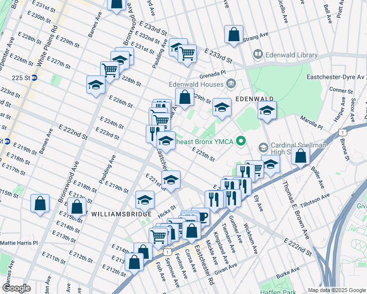 map of restaurants, bars, coffee shops, grocery stores, and more near 1154 East 224th Street in Bronx
