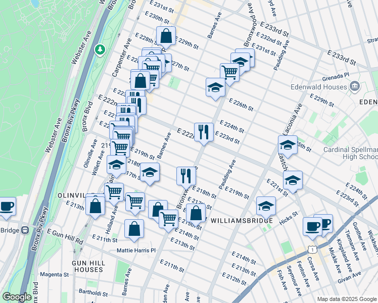 map of restaurants, bars, coffee shops, grocery stores, and more near in The Bronx