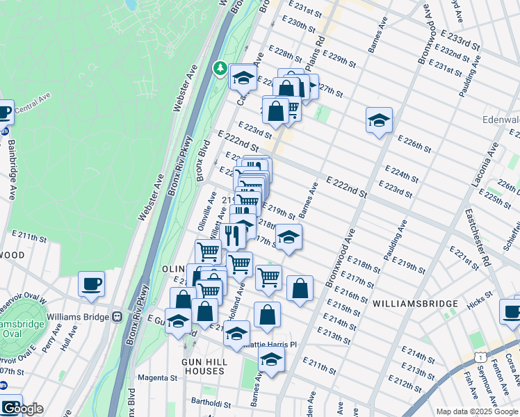 map of restaurants, bars, coffee shops, grocery stores, and more near 3738 White Plains Road in Bronx