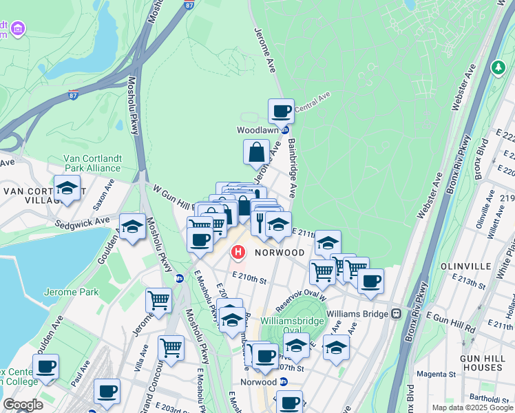 map of restaurants, bars, coffee shops, grocery stores, and more near 3525 Rochambeau Avenue in Bronx