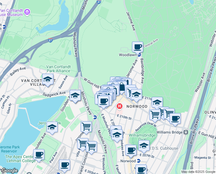 map of restaurants, bars, coffee shops, grocery stores, and more near in The Bronx