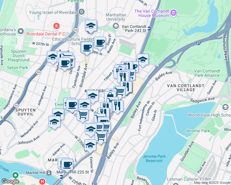 map of restaurants, bars, coffee shops, grocery stores, and more near 3410 Kingsbridge Avenue in Bronx