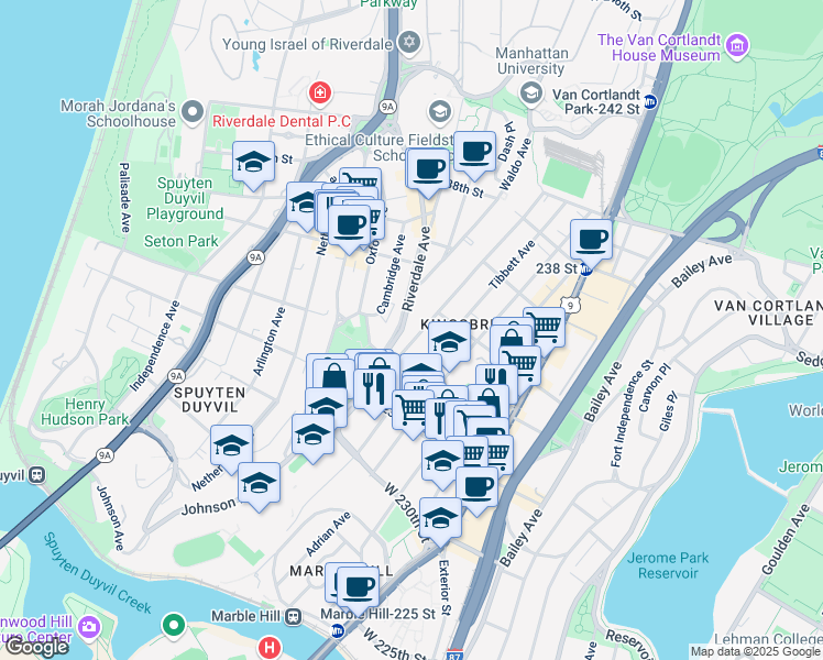 map of restaurants, bars, coffee shops, grocery stores, and more near 3210 Irwin Avenue in Bronx