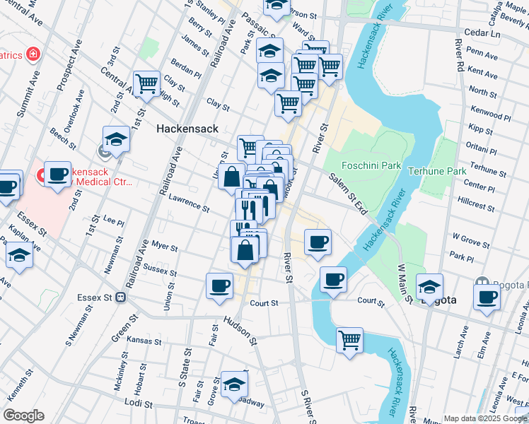 map of restaurants, bars, coffee shops, grocery stores, and more near 140 Main Street in Hackensack