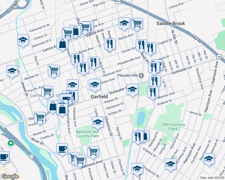 map of restaurants, bars, coffee shops, grocery stores, and more near 248 Outwater Lane in Garfield