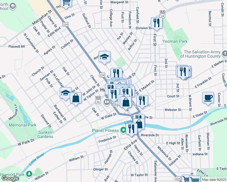 map of restaurants, bars, coffee shops, grocery stores, and more near 445 North Jefferson Street in Huntington