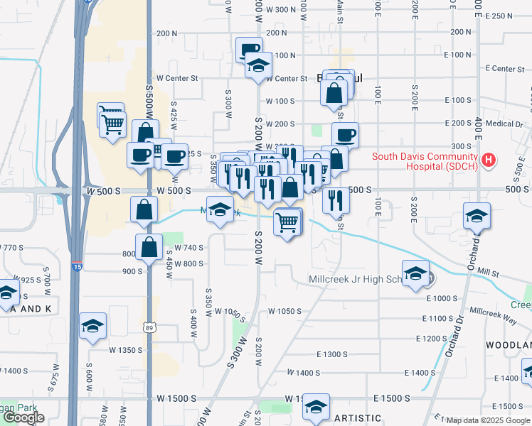 map of restaurants, bars, coffee shops, grocery stores, and more near 545 South 200 West in Bountiful