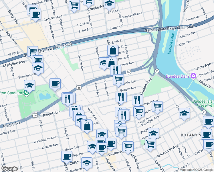 map of restaurants, bars, coffee shops, grocery stores, and more near 44 Vernon Avenue in Clifton