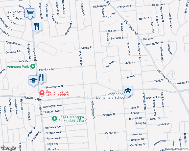 map of restaurants, bars, coffee shops, grocery stores, and more near 9 Hawthorne Street in Selden