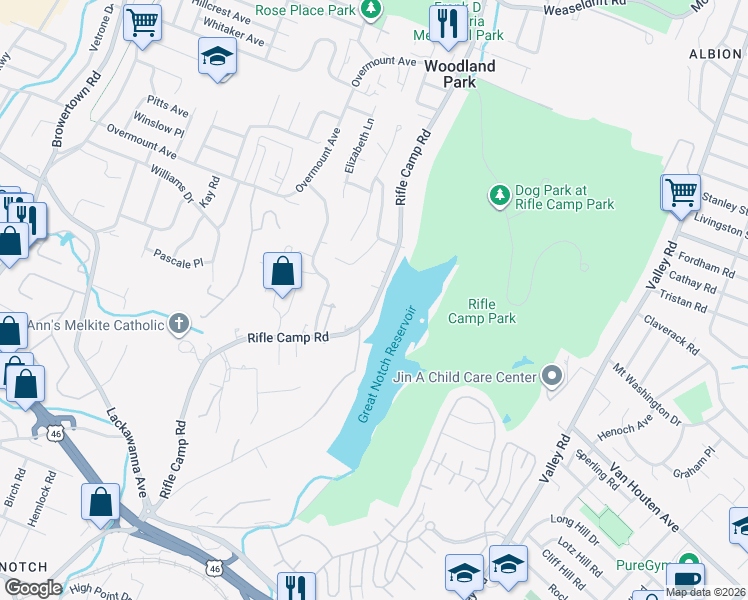 map of restaurants, bars, coffee shops, grocery stores, and more near 616 Rifle Camp Road in Woodland Park