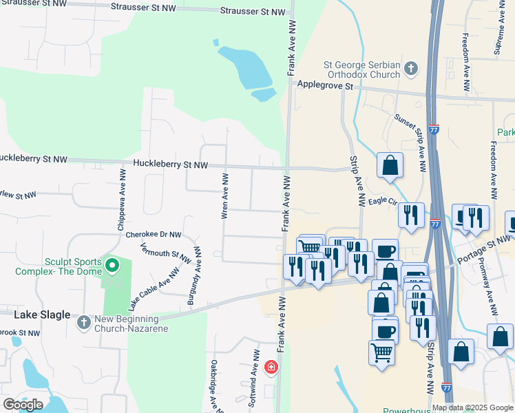 map of restaurants, bars, coffee shops, grocery stores, and more near 5096 Bobwhite Street Northwest in North Canton