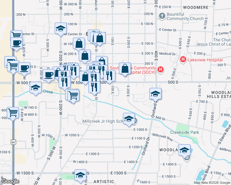 map of restaurants, bars, coffee shops, grocery stores, and more near 603 100 East in Bountiful