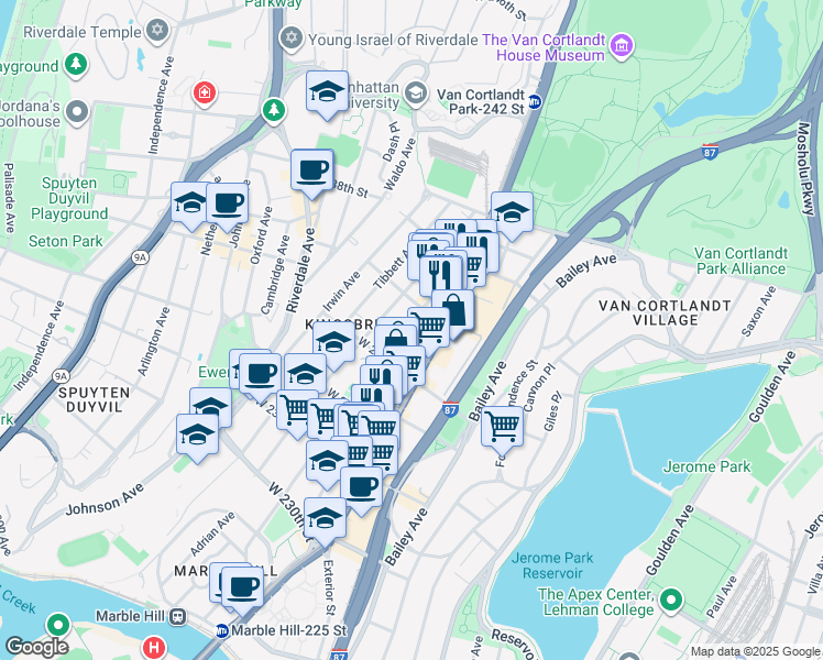 map of restaurants, bars, coffee shops, grocery stores, and more near 3410 Kingsbridge Avenue in Bronx