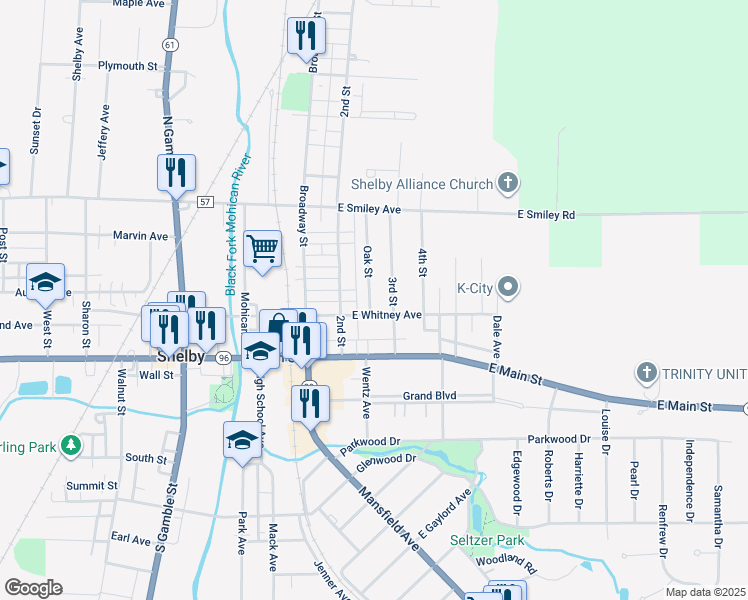 map of restaurants, bars, coffee shops, grocery stores, and more near 11 Oak Street in Shelby