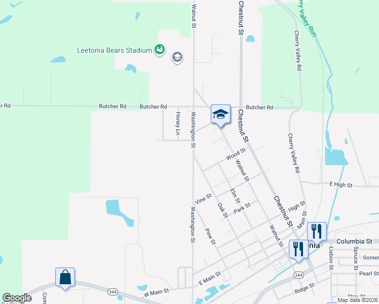 map of restaurants, bars, coffee shops, grocery stores, and more near 318 Washington Street in Leetonia