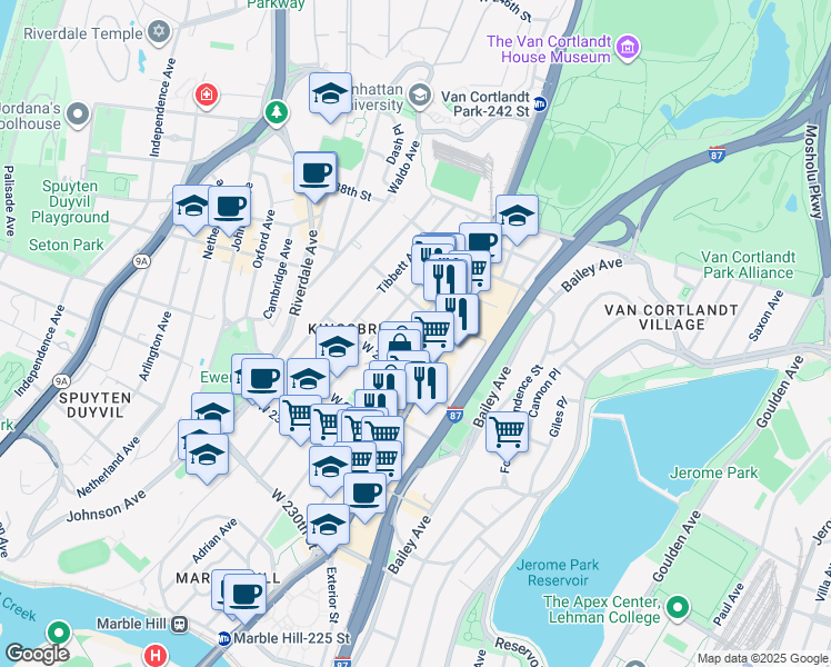 map of restaurants, bars, coffee shops, grocery stores, and more near 3410 Kingsbridge Avenue in Bronx