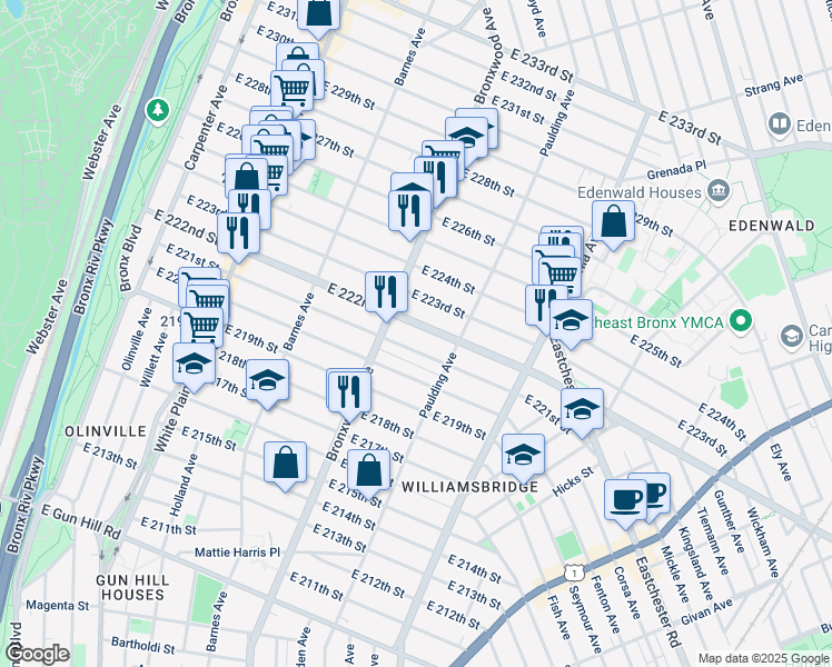 map of restaurants, bars, coffee shops, grocery stores, and more near 905 East 222nd Street in Bronx