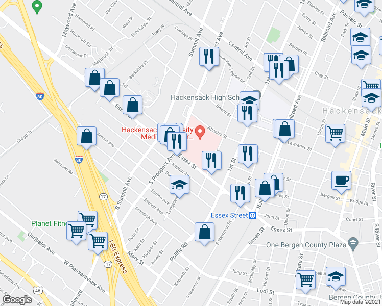 map of restaurants, bars, coffee shops, grocery stores, and more near 20 Prospect Avenue in Hackensack